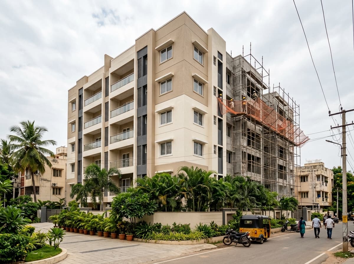 A mid-rise apartment block with freshly painted exterior