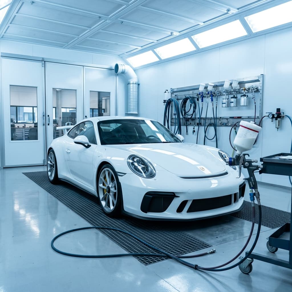 A car in a controlled spray booth during refinishing