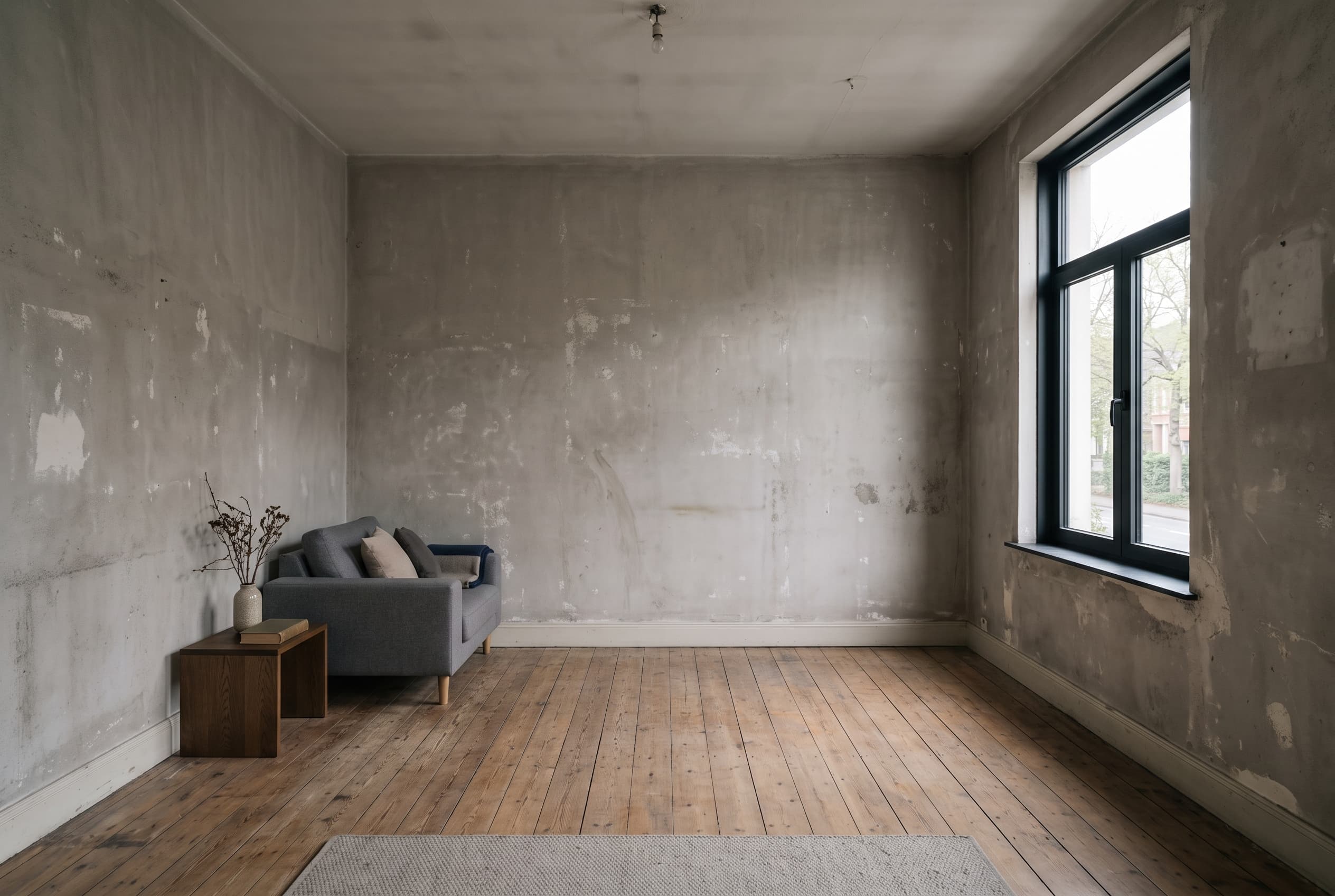 A dull patchy room before repainting