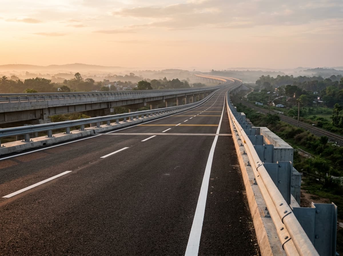 Fresh thermoplastic road markings running along a highway flyover