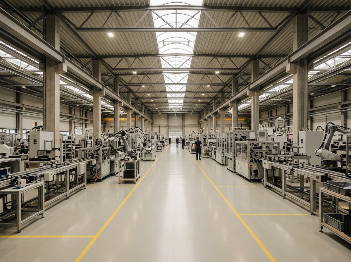 A manufacturing plant aisle finished in a seamless epoxy floor coating