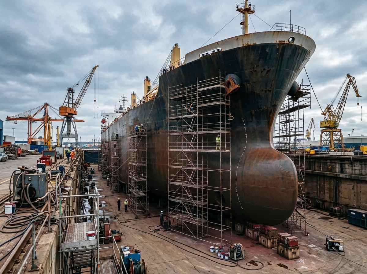 A cargo ship hull being repainted with anti-corrosive coating in dry dock