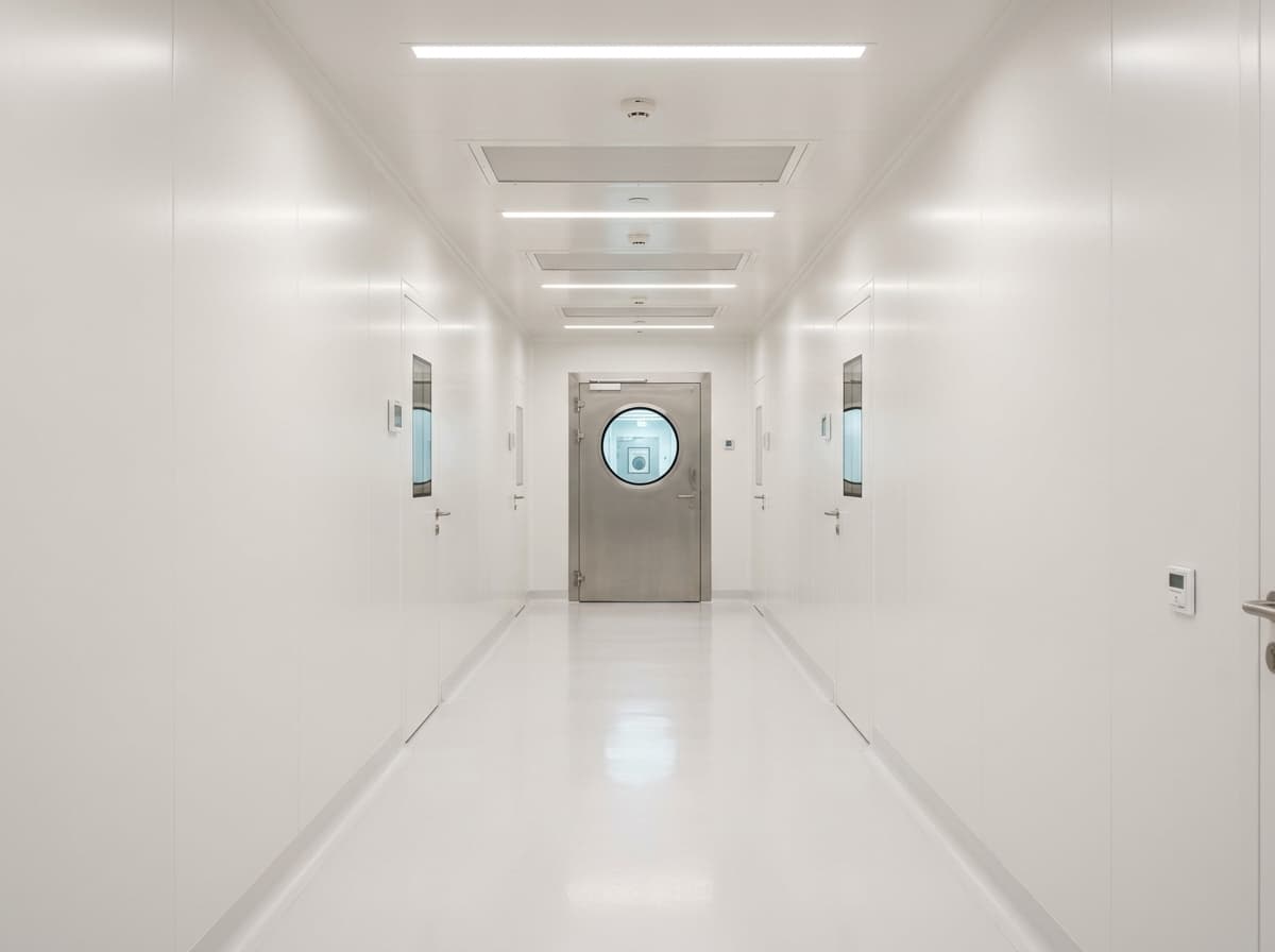 A pharmaceutical cleanroom corridor with coved epoxy floor and walls
