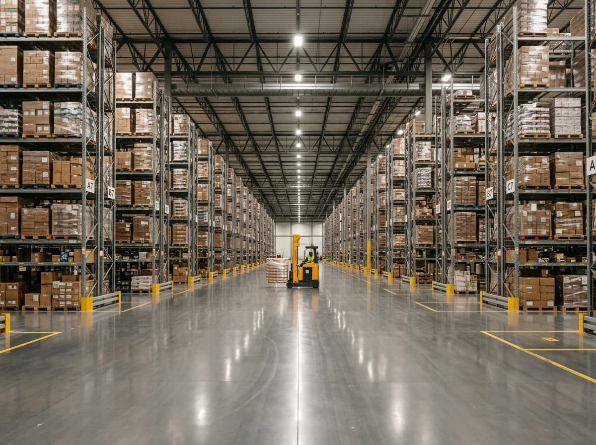 A forklift in the aisle of a distribution warehouse with a coated floor