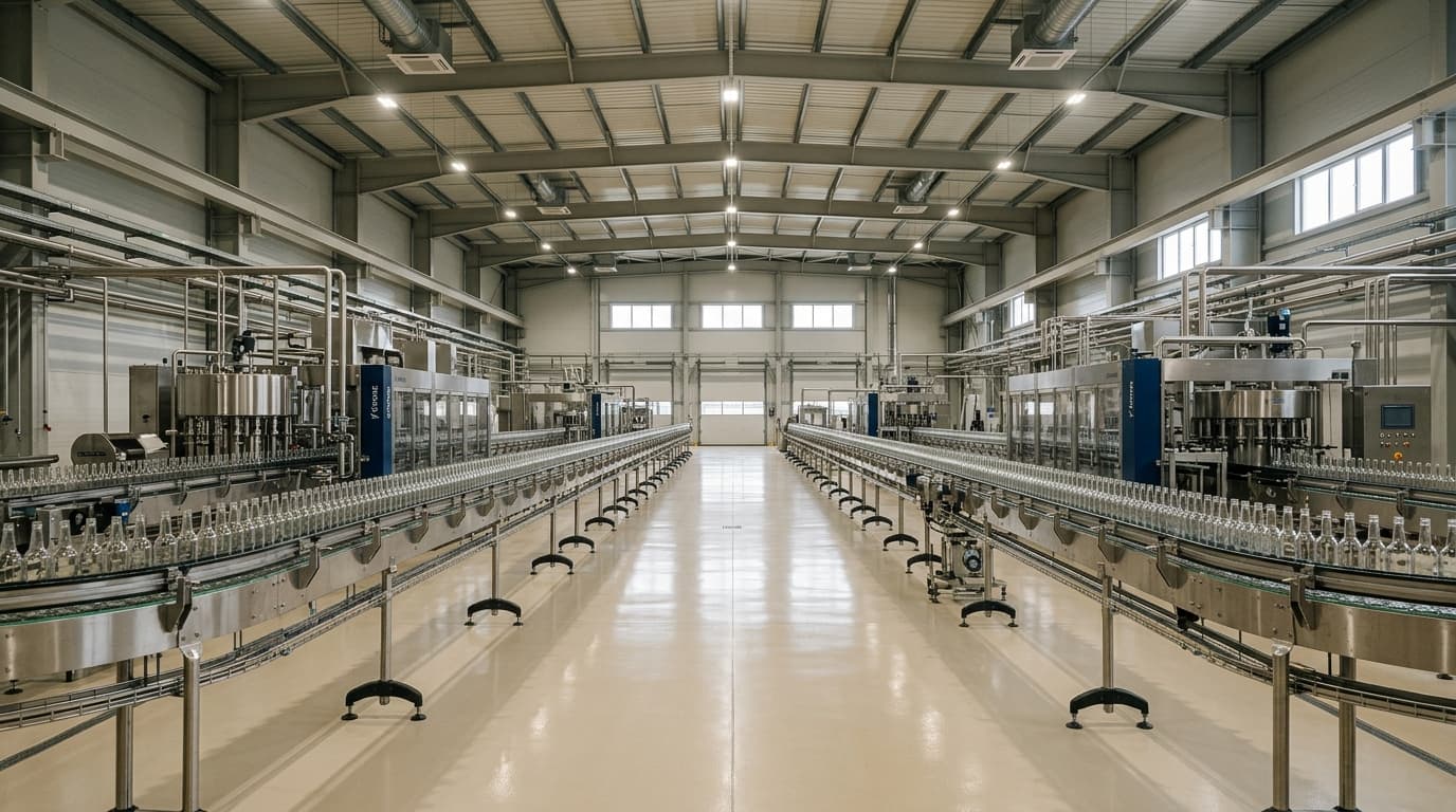 A beverage bottling hall with a hygienic floor coating under the filling lines