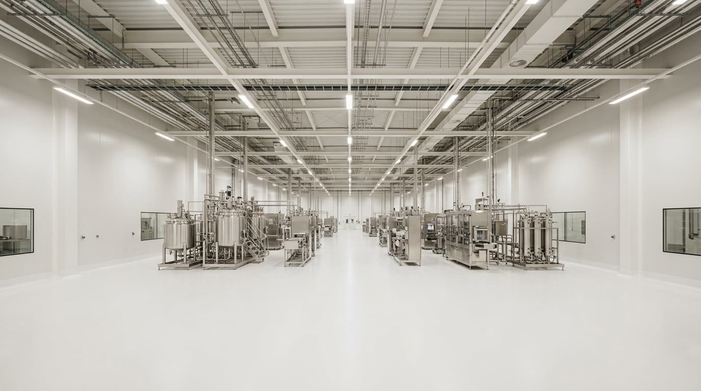 A commissioned pharmaceutical production hall with a seamless white floor