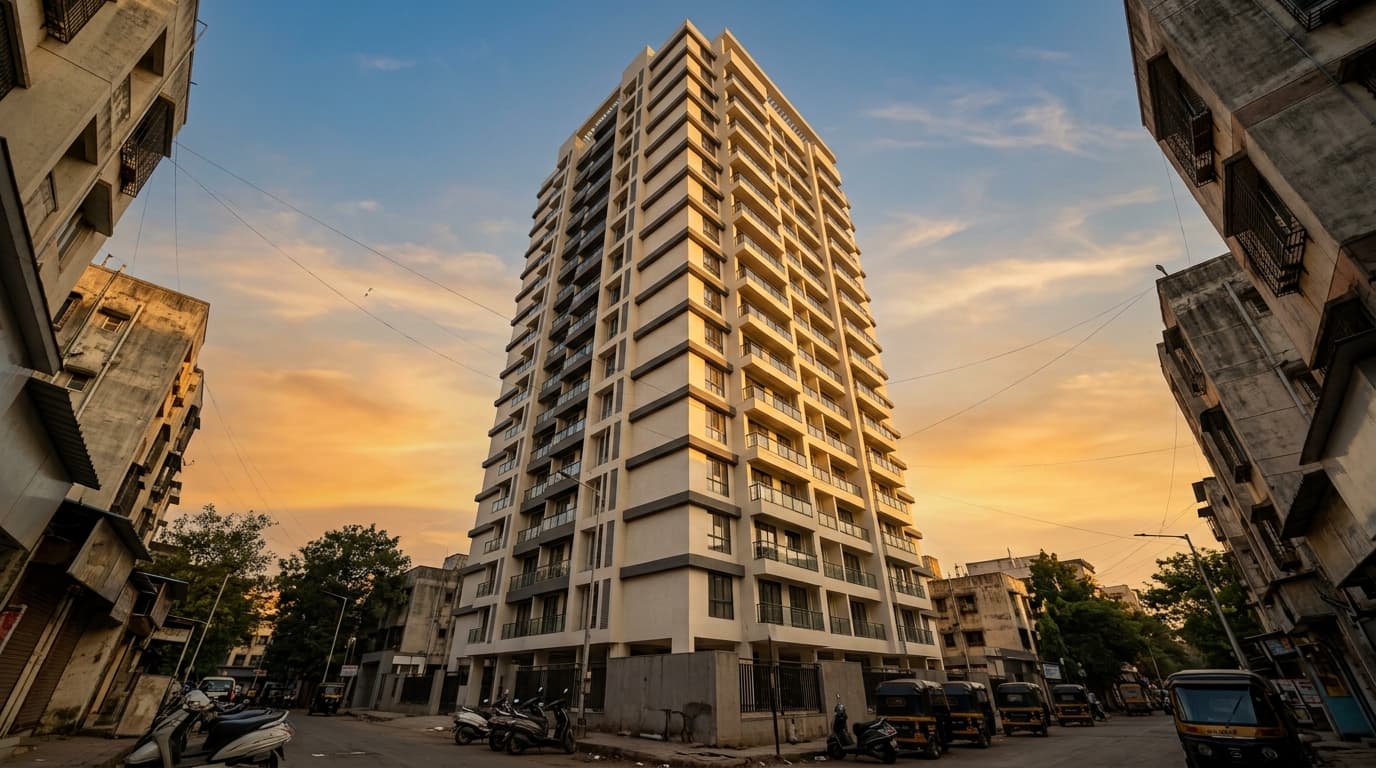 A completed residential tower exterior at golden hour