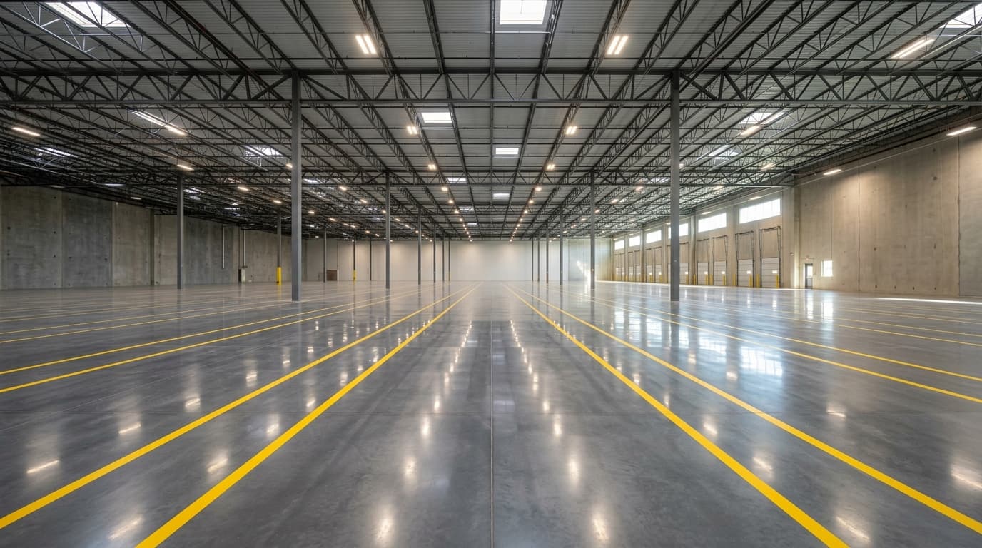 An empty logistics warehouse with a newly finished grey floor coating