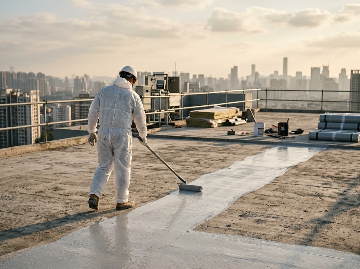 A worker rolling a membrane waterproofing coating across a concrete rooftop
