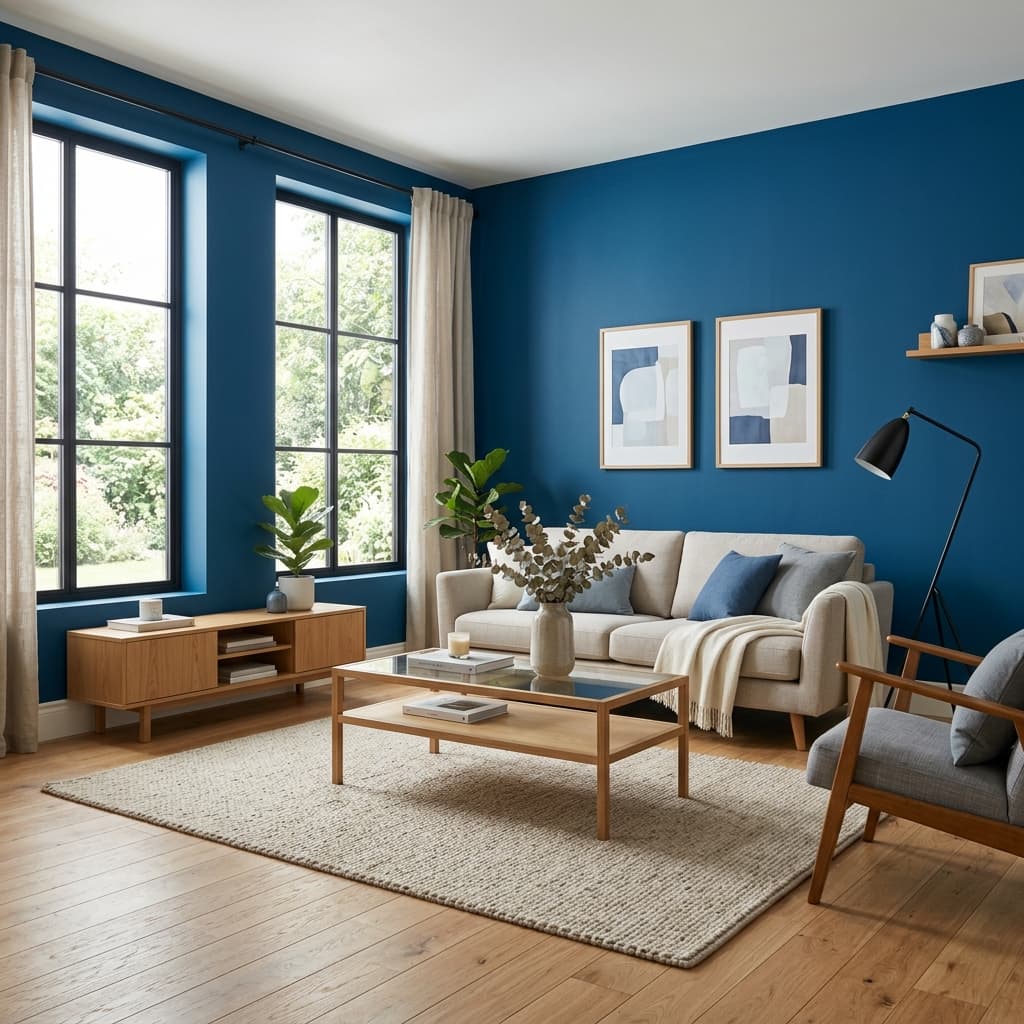 A living room finished in a deep blue interior emulsion