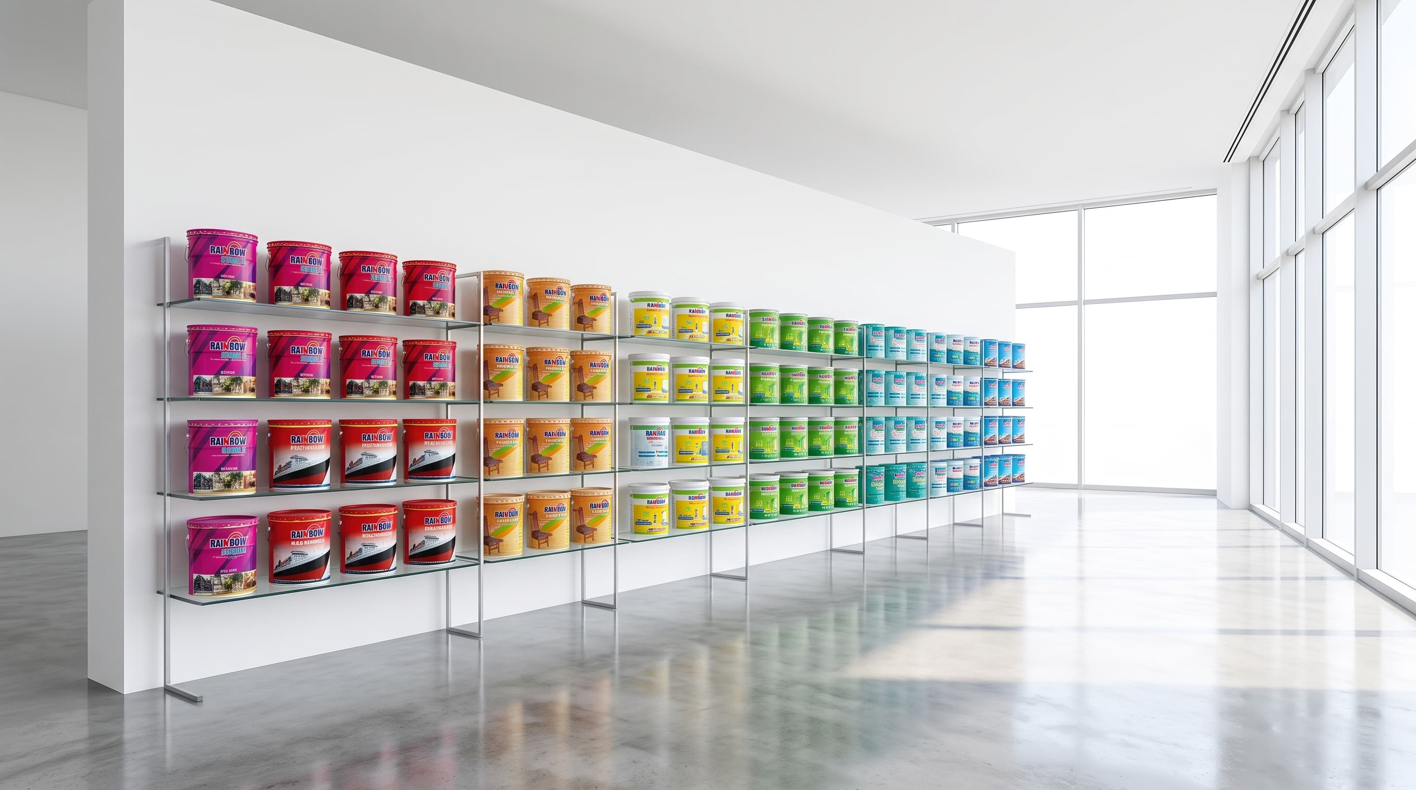 A Rainbow Paints showroom wall stacked with product tins arranged across the full colour range